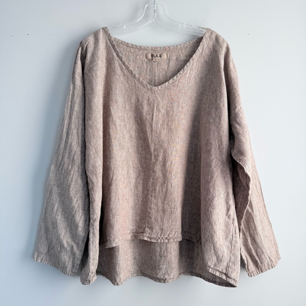 FLAX 100% Linen Oversized V-Neck Tunic Top L Lagenlook Bohemian Long Sleeves - Picture 7 of 14